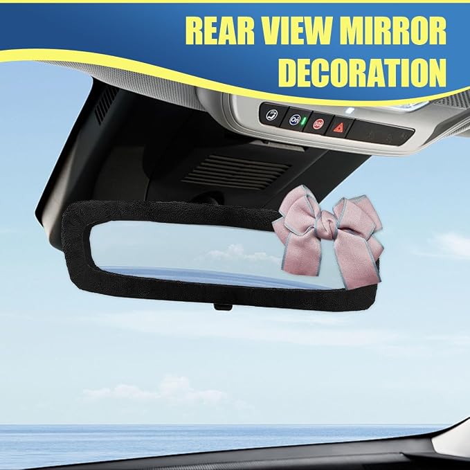Bow Car Rearview Mirror Cover, Plush Auto Rear View Mirror Elastic Dustproof Protector, Universal Vehicle Interior Mirrors Edge Decoration Accessory for Cars, SUVs, Trucks (Pink)