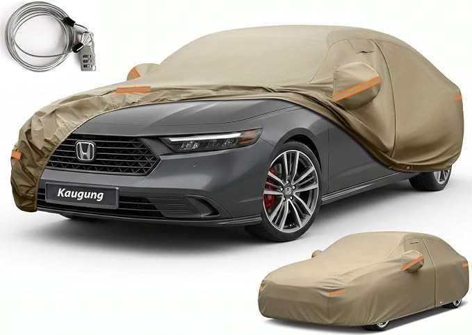 Kaugung Custom Fit Car Cover for Honda Accord Sedan/Coupe (2001-2026), Heavy Duty All Weather Waterproof Outdoor Cover, Sun Rain Snow UV Protection with Driver Door Zipper, Mirror Pockets & Air Vents