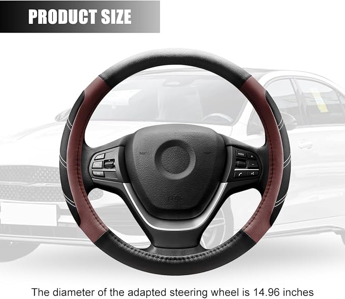 Zpana Car Steering Wheel Cover, 15 Inch Carbon Fiber Leather Non-Slip Steering Wheel Protector with Lining, Breathable Automotive Interior Accessories, Universal for SUV RV Truck (Brown)