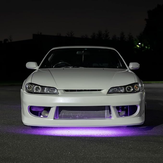 LEDGlow 4pc Purple Slimline LED Car Flexible Underglow Lighting Kit | Neon Accent Lights Include Flex Underbody Tubes, Solid Color Illumination, 4 Modes, Control Box & Remote