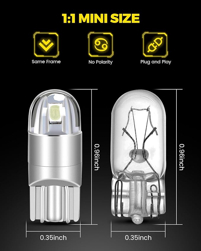 BANGO 194 LED Bulb, Super Bright 168 T10 2825 W5W LED Replacement Bulbs for Car Interior Dome Map Door Courtesy Trunk Side Marker License Plate Lights, Ice Blue (Pack of 10)