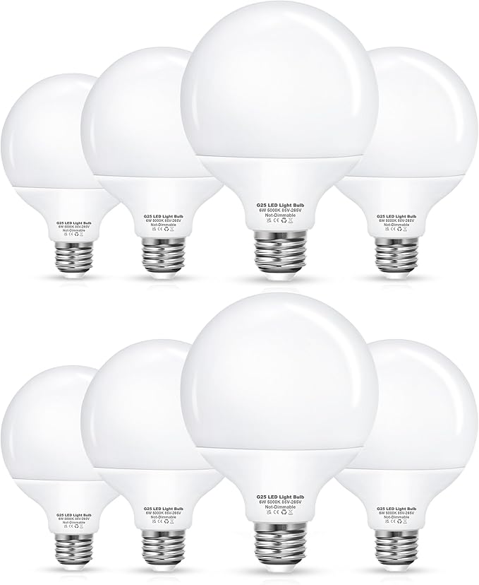 8 Pack G25 Vanity Light Bulb, LED Globe Bulbs for Bathroom Vanity Mirror, 60W Light Bulbs Equivalent, Brightness 5000K Daylight E26 Base Bulb, 6W LED for Round Makeup Mirror Lighting Non Dimmable