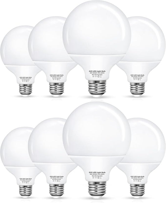 8 Pack G25 Vanity Light Bulb, LED Globe Bulbs for Bathroom Vanity Mirror, 60W Light Bulbs Equivalent, Brightness 5000K Daylight E26 Base Bulb, 6W LED for Round Makeup Mirror Lighting Non Dimmable