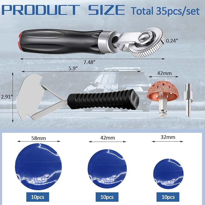 Tire Repair Patch Kit Heavy Duty, 35pcs Tire Repair Tools 42mm Tire Buffing Wheel 32/42/58mm Tire Patches with Tire Patch Roller Inner Liner Scraper for Car Motorcycle Bike Tractors Grinding
