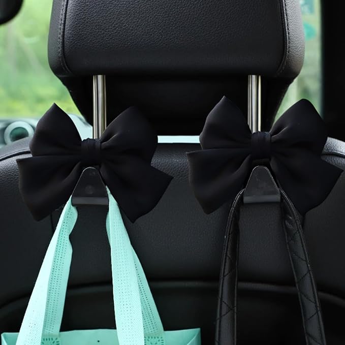 Mandark 2PCS Car Seat Headrest Hooks, Cute Bow Vehicle Hooks for Purses and Bags, Automotive Purse Hook Hanger Interior Decoration Accessories, Universal for SUV, Sedan, Truck (Black Line)