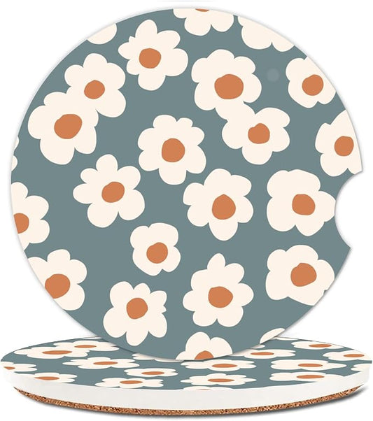 Absorbent Car Cupholder Coaster 2 Pack, Cute Car Coasters with a Finger Notch for Women & Men,2.56" Ceramic Stone & Non-Scratch Cork Base Drink Coasters Car Accessories Gifts (Cute Daisies)