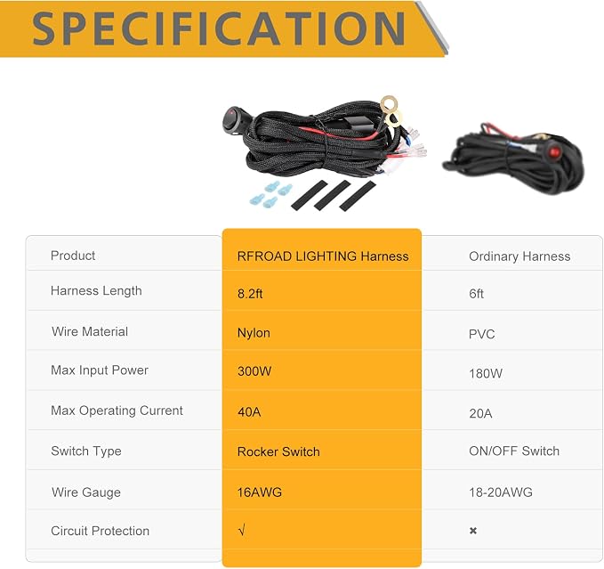 Wiring Harness 2 Lead, Rfroad Lighting 12V LED Light Bar Wiring Harness Kit - Rocker Switch 40A Relay Fuse, for Pod Lights Fog Lights Off Road Light Bar Wire Kit for Truck UTV ATV Boat