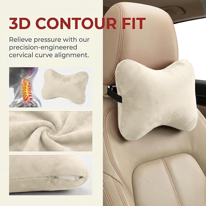 2PCS Car Neck Pillow, Soft Comfortable Vehicle Seat Neck Support Pillow Cushion for Relief Driving Fatigue, Breathable Auto Interior Headrest Neck Rest Pad, Universal for Vehicles (Beige)