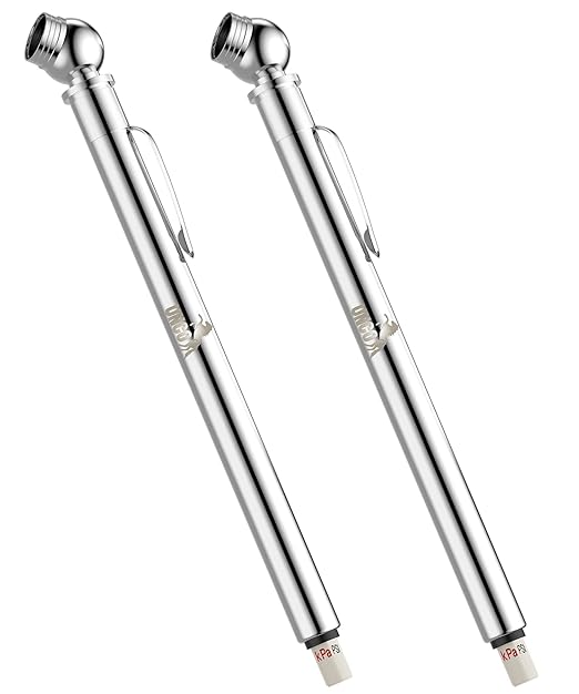 UNCO- Pencil Tire Pressure Gauge, 2 Pack, 10-75 PSI, Stainless Steel Body | Metal Made Nozzle, Rust and Corrosion Resistant, Pencil Air Pressure Gauge for Tires, 3 Measurements for Cars, Bikes