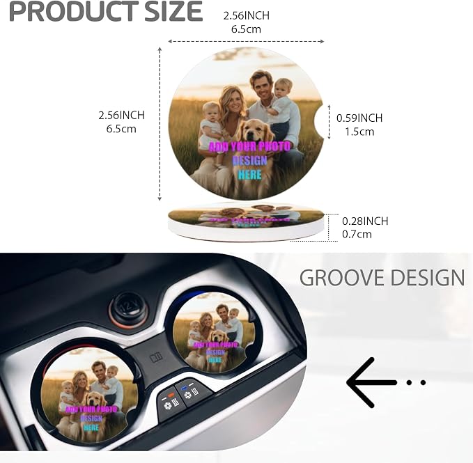 Personlized Cup Holder for Car,Upload Your Design/Logo/Photo Here. Ceramic Coasters Non-Slip Cup Holder Insert with Fingertip Grip, Auto Interior Accessories for Women & Men,Pack of 2, 2.56In