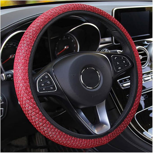 Elastic Stretch Steering Wheel Cover, Universal 15 Inch Automotive Steering Wheel Cover, Microfiber Breathable Ice Silk, Anti-Slip, Odorless, Easy Carry,Warm in Winter and Cool in Summer (Red1)