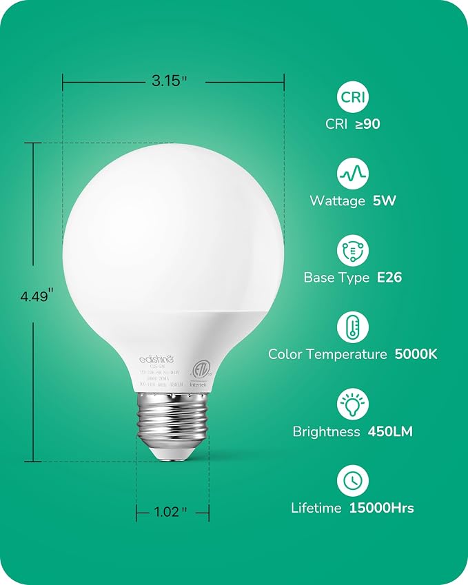 EDISHINE Vanity Light Bulbs, G25 LED Bathroom Light Bulbs, 25 Watt Equivalent Globe Light Bulb, CRI90+ 5000K Daylight White 450LM, E26 Base, 4 Pack Non-dimmable, ETL Listed