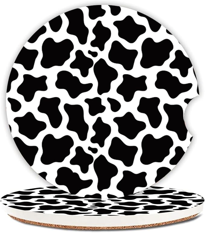 Cute Cow Print Animal Themed Black and White Ceramic Cup Holders Car Coasters Set for Women/Men,Drink Cup Car Holder Coasters with A Finger Notch 2.56" Pack of 2