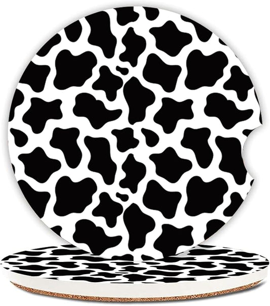 Cute Cow Print Animal Themed Black and White Ceramic Cup Holders Car Coasters Set for Women/Men,Drink Cup Car Holder Coasters with A Finger Notch 2.56" Pack of 2