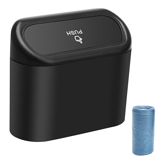 AHIER Small Car Trash Can with Lid, Plastic Mini Car Garbage Can Portable Hanging Holder with 30pcs Bags for Cars, Office, Home