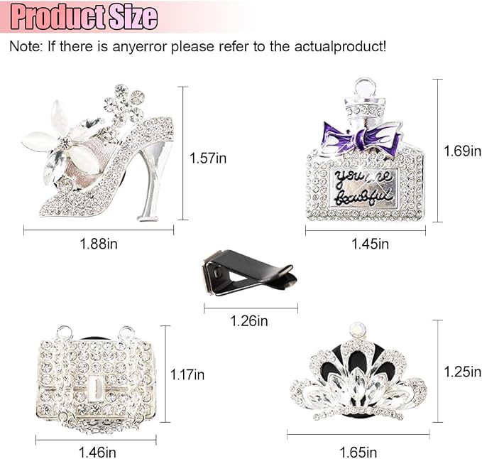 4PCS Bling Car Air Vent Clip, Crystal Rhinestone Heels Bag Crown Perfume Bottle Dashboard Air Vent Trim Clips, Car Interior Outlet Diffuser Decoration Accessory for Women (Silver)