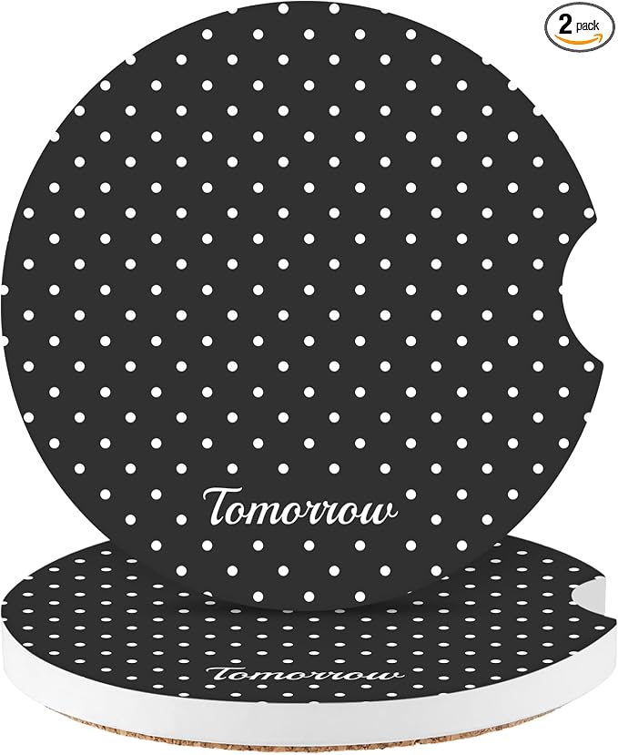 Cute Fashion Polka Dot Car Coasters 2 Pack for Cup Holders, 2.56 Inch Finger Notch Retro 70's Style Ceramics Heat Resistant Anti Slip Cork Base Car Drinks Coasters Auto Accessories-Black