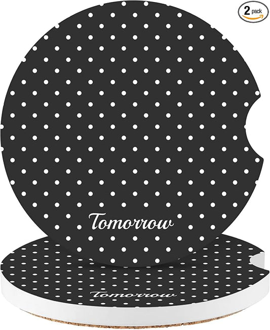 Cute Fashion Polka Dot Car Coasters 2 Pack for Cup Holders, 2.56 Inch Finger Notch Retro 70's Style Ceramics Heat Resistant Anti Slip Cork Base Car Drinks Coasters Auto Accessories-Black