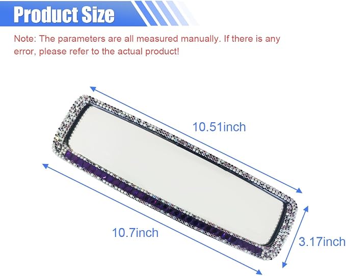 Bling Car Rear View Mirror, Clip-On Rhinestone Car Rearview Mirror with Crystal Diamonds, HD Glass Auto Interior Rear View Mirror, Car Decoration Accessories for Women Men Teens (Purple)