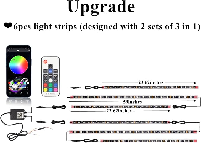 Car Underglow Kit, 6 in 1 RGB Led Lights Strip for Cars, SUV, Truck Chassis | 12V, Neon Ambient Sets with Turn Signal, Ultra Bright, Chasing Glowing, APP & Remote Control, Sync to Music, Waterproof