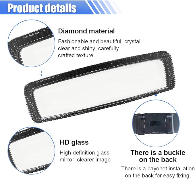 Bling Car Rear View Mirror, Clip-On Rhinestone Car Rearview Mirror with Crystal Diamonds, HD Glass Auto Interior Rear View Mirror, Car Decoration Accessories for Women Men Teens (Black)