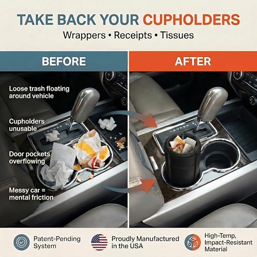 Trash Trapper Car Trash Can Cup Holder | Max Car Trash Can | Fits in Most Cupholders | 5.6" x 3.5" | Traps More & Empties Less, Patent-Pending Compaction, Holds Many Weeks Small Garbage, Black/Grey