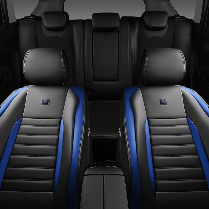 CAR PASS Nappa Leather Car Seat Covers Front Seats, Luxury Seat Protector for Cars, Waterproof Anti-Slip Seat Cushion Airbag Compatible Universal for SUV Pick-up Truck Automotive Vehicle,Black Blue