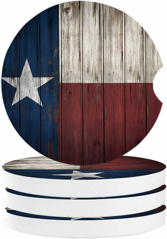 Small Car Coasters for Cup Holders 2.65" Absorbent 4 Pack Car Coaster Ceramic Stone for Drinks Absorb Water Drops State Flag Vintage Wood Grain