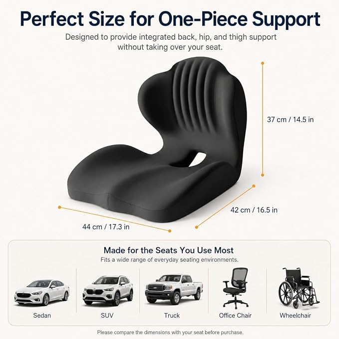 Ergonomic Car Seat Cushion with Lumbar Support, Pressure-Responsive Memory Foam, Enhanced Pelvic Stability for Pressure Relief, Ideal for Long Driving, Office & Home (Deep Black)