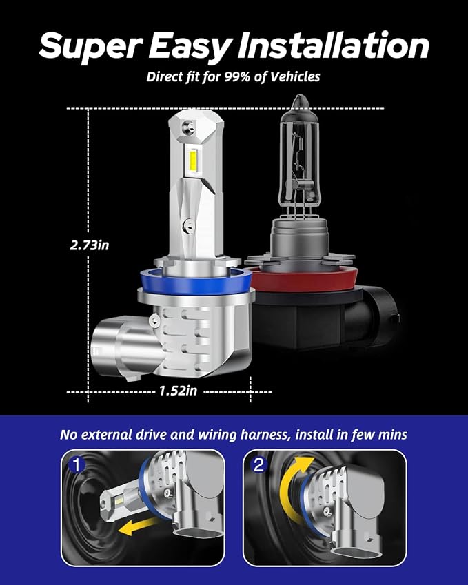 AUTOONE H11/H9/H8 Light Bulbs, Fanless No Flicker 40000LM 6000K Fog Lights Canbus, 10YR Lifespan, Pack of 2