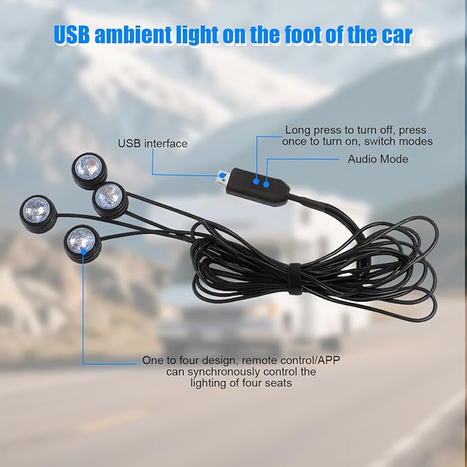 Car Interior LED Lights, 4 in 1 RGB Smart APP & Remote Control Vehicle Under Dash Neon Ambient Lighting with USB Port, Music Sync Auto Footwell Lamp, Universal for Truck SUV Sedan