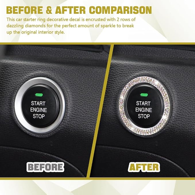 2PCS Car Bling Crystal Rhinestone Engine Start Ring Decals, Push to Start Button Cover, Key Ignition & Knob Bling Ring, Key Ignition Knob Bling Ring, Bling Car Accessories for Women