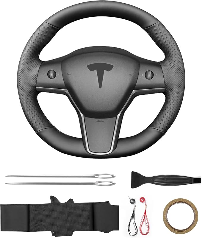 Hand Sewn Steering Wheel Cover,Fit for Tesla Model 3 2017-2023/Model Y 2020-2023,Non-Slip Breathable Microfiber Leather Steering Wheel Cover On Wrap Car Interior Accessories