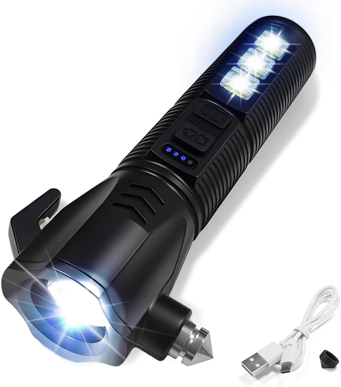 Black Emergency Car Flashlight - 2000 Lumen Dual Light 4-Level Battery Indicator Window Breaker & Seatbelt Cutter USB Rechargeable Ultra-Light 108g Car Emergency Tool