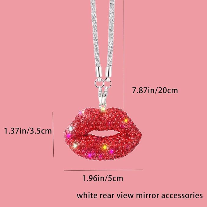 Bling Lip Diamond Car Accessories for Women, Crystal Rear View Mirror Accessories,for Family and Lover,Car Decoration, Valentine's Gift, Lucky Hanging Interior Ornament (Red)