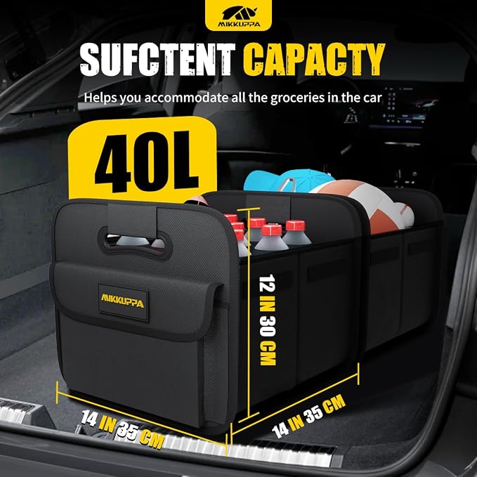 MIKKUPPA Car Trunk Organizer - Split Design Collapsible Small Trunk Organizer with Reinforced Handles for Groceries, Car Storage Organizers for SUV Auto Truck Van with Non Slip Bottom (Black, 2Pack)