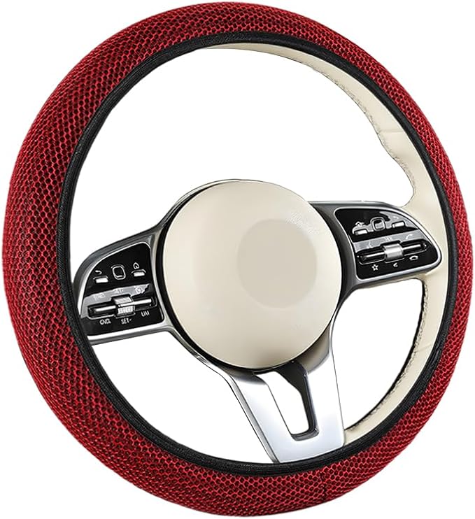 Elastic Stretch Car Steering Wheel Cover, Soft Breathable Ice Silk Steering Wheel Protector, Anti-Slip Automotive Interior Accessories, Universal for Sedan, Truck, Van (Red)