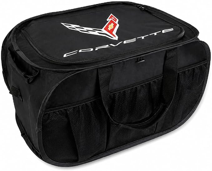SR1 Performance USA C8 Corvette Trunk Organizer – Expandable Pop Up Collapsible Cargo Storage Caddy for 2020-2026 Chevrolet Corvette Stingray, Z06 & E-Ray – Black with Crossed Flags Logo