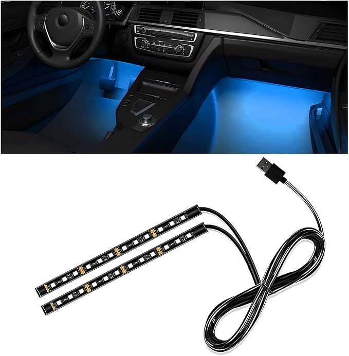 Wevdn Car Interior LED Strip Light, 12V 24 LED Waterproof Neon Ambient Night Light with USB Port, Automotive Atmosphere Decorative Under Dash Lighting Kit, Car Accessories (Ice Blue)