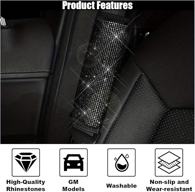 GLSOWEE 2PCS Bling Car Seat Belt Shoulder Pads for Women, Black Diamond | Bling Rhinestones Seat Belt Covers, Car Seatbelt Strap Pad with Crystal Diamond, Car Interior Accessories for Car SUV