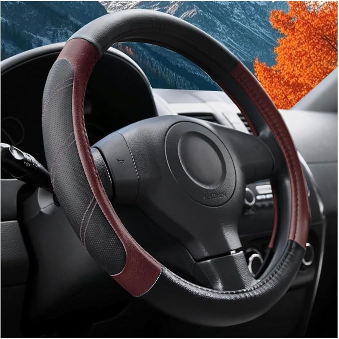 Osilly Car Steering Wheel Cover, 14.5-15" Leather Breathable Anti-Slip Stylish Steering Wheel Protector, Comfortable Auto Interior Decoration Accessories, Universal for SUV Van Truck (Black Wine Red)
