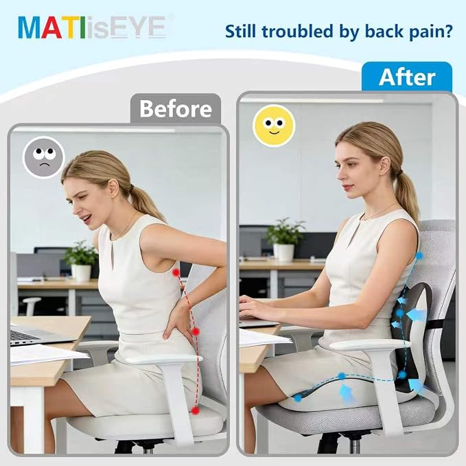 Ergonomic Memory Foam Seat Cushion with Strap for Office Chair, Double Grey | Contoured coccyx cutout supports back and butt, with a non-slip base and washable cover for office chairs and cars.