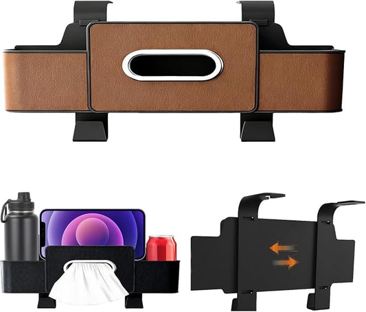 3-in-1 Car Backseat Organizer, 3-in-1 Car Headrest Backseat Organizer, Multifunctional Car Back Seat Storage with 2 Cup Holders & Hooks, Universal Cars Seat Organizer Tissue Box and Storage (Brown)