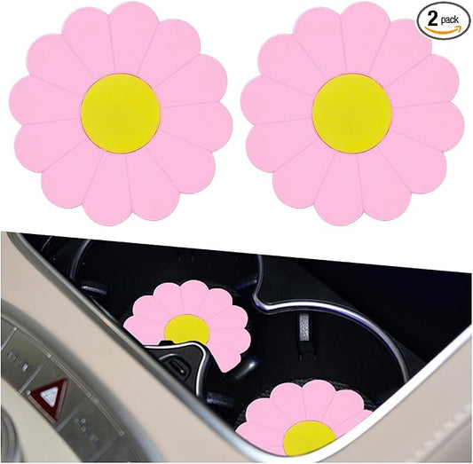 2PCS Car Cup Coaster, Flower Shaped Silicone Non-Slip Vehicle Drink Holder Insert Mat, Universal 2.75 Inch Waterproof Automotive Interior Decoration Beverage Pad Accessories (Pink)