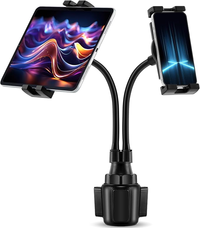 DaisyInner Dual Cup Tablet Mount Holder for Car 360° Rotatable Mount Long Flexible Neck Adjustable Universal Size Fits for Most 2 Tablets 4.7"-10"
