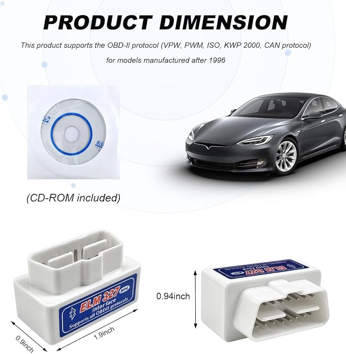 ELM327 OBDII Car Auto Diagnostic Scanner, Professional Mini Bluetooth Scan Tool Engine Fault Code Reader, Wireless Failure Detector Interface Adapter for Most OBD II Vehicles (White)