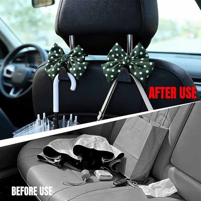 2PCS Car Seat Headrest Hooks, Car Purse Hook, Cute Bow Knot Vehicle Seatback Hanging Storage Organizer, Auto Seatback Decor Organizer Hanger for SUV Truck (Green/Polka Dot)