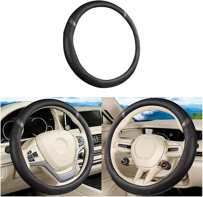 Car Steering Wheel Cover, Leather Anti-Slip Stretch Breathable Vehicle Steering Wheel Protector, Automotive Interior Protection Accessories for Men Women, Universal Fit (Black)