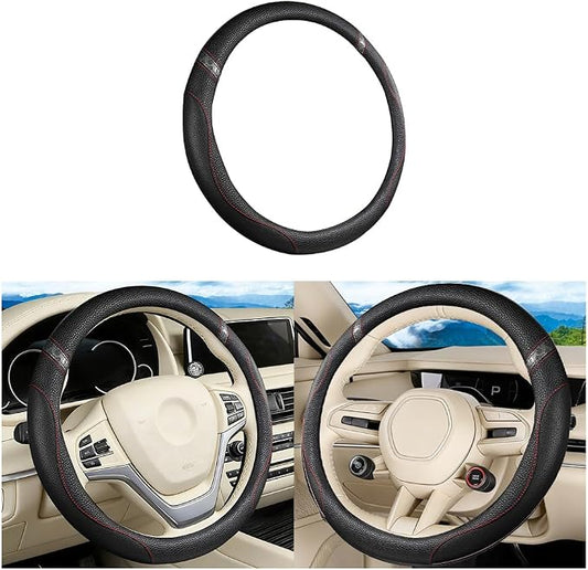 Car Steering Wheel Cover, Leather Anti-Slip Stretch Breathable Vehicle Steering Wheel Protector, Automotive Interior Protection Accessories for Men Women, Universal Fit (Black)