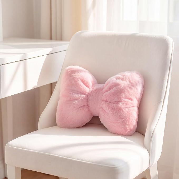 Macarrie 2 Pcs Pink Car Neck Pillow Imitation Rabbit Fur Bow Pillow | Soft Comfortable Seat Headrest Support, Cute Bow Car Accessories, Driving Travel Driver Chair Girl Interior Decor, Solid